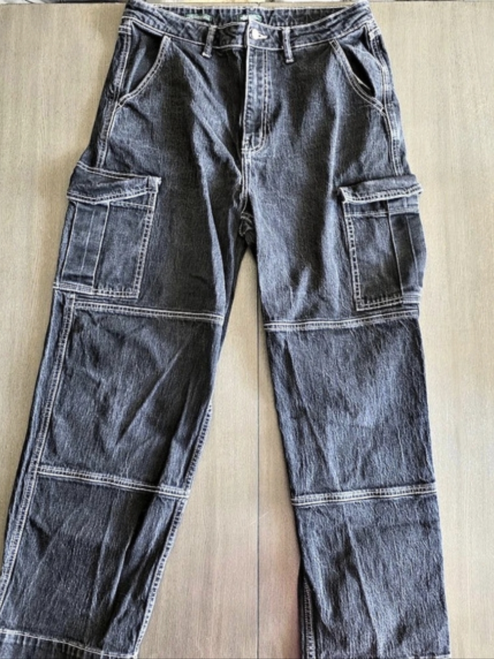 Wild Fable Size 14 Black Baggy Cargo Jeans White Contrast Stitch Y2K 32R